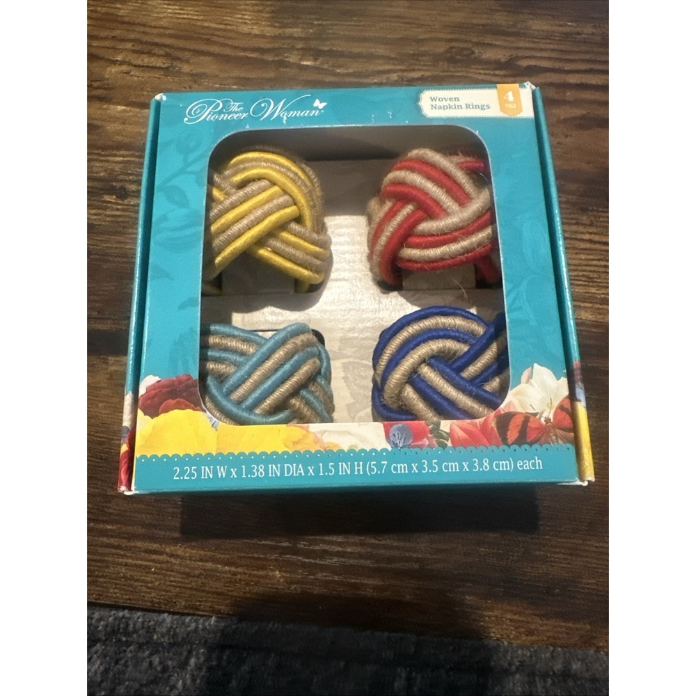LOT 4 Pioneer Woman Napkin Rings Woven Red Yellow‎ Blue Teal New